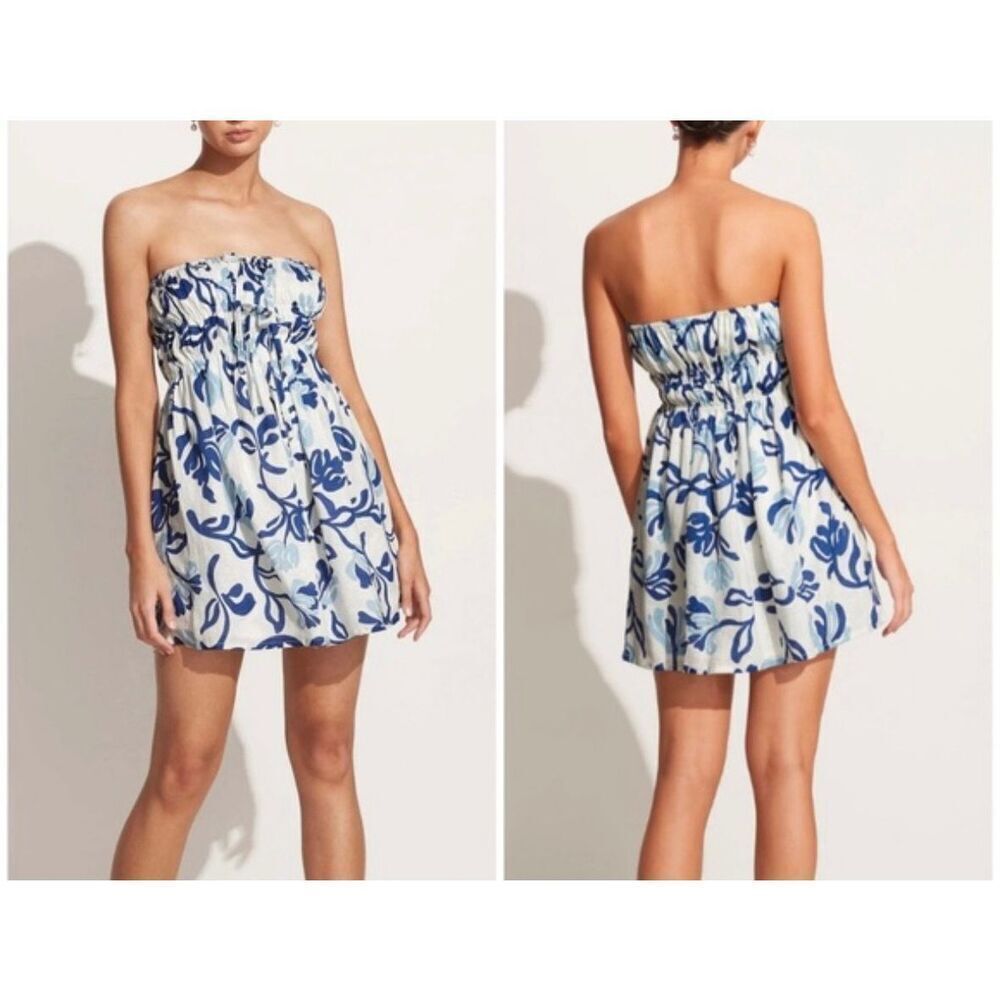 Faithfull the Brand Palmira 100% Linen Floral Strapless Mini Dress Small